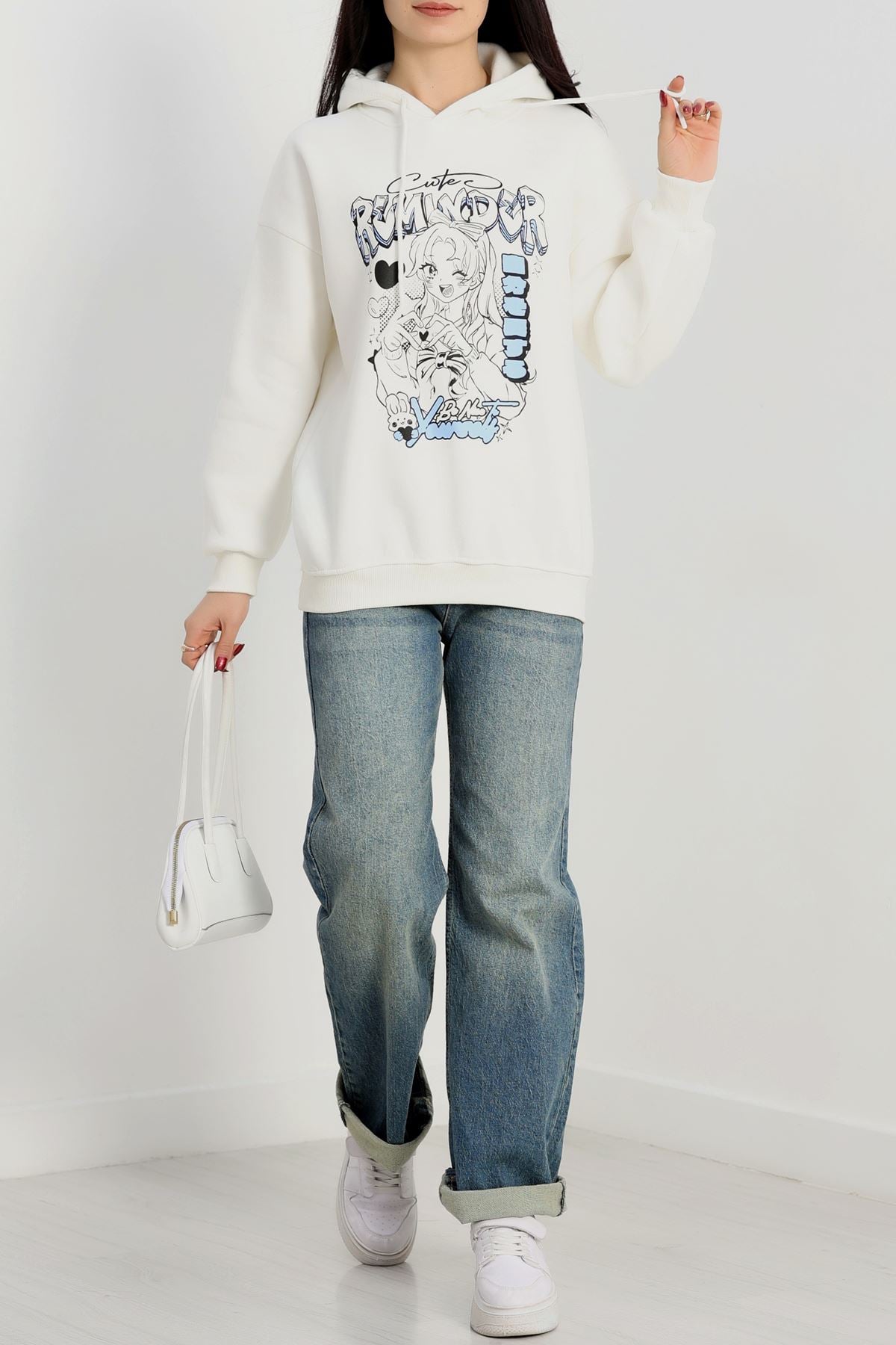 3 İplik Kapşonlu Baskılı Sweat