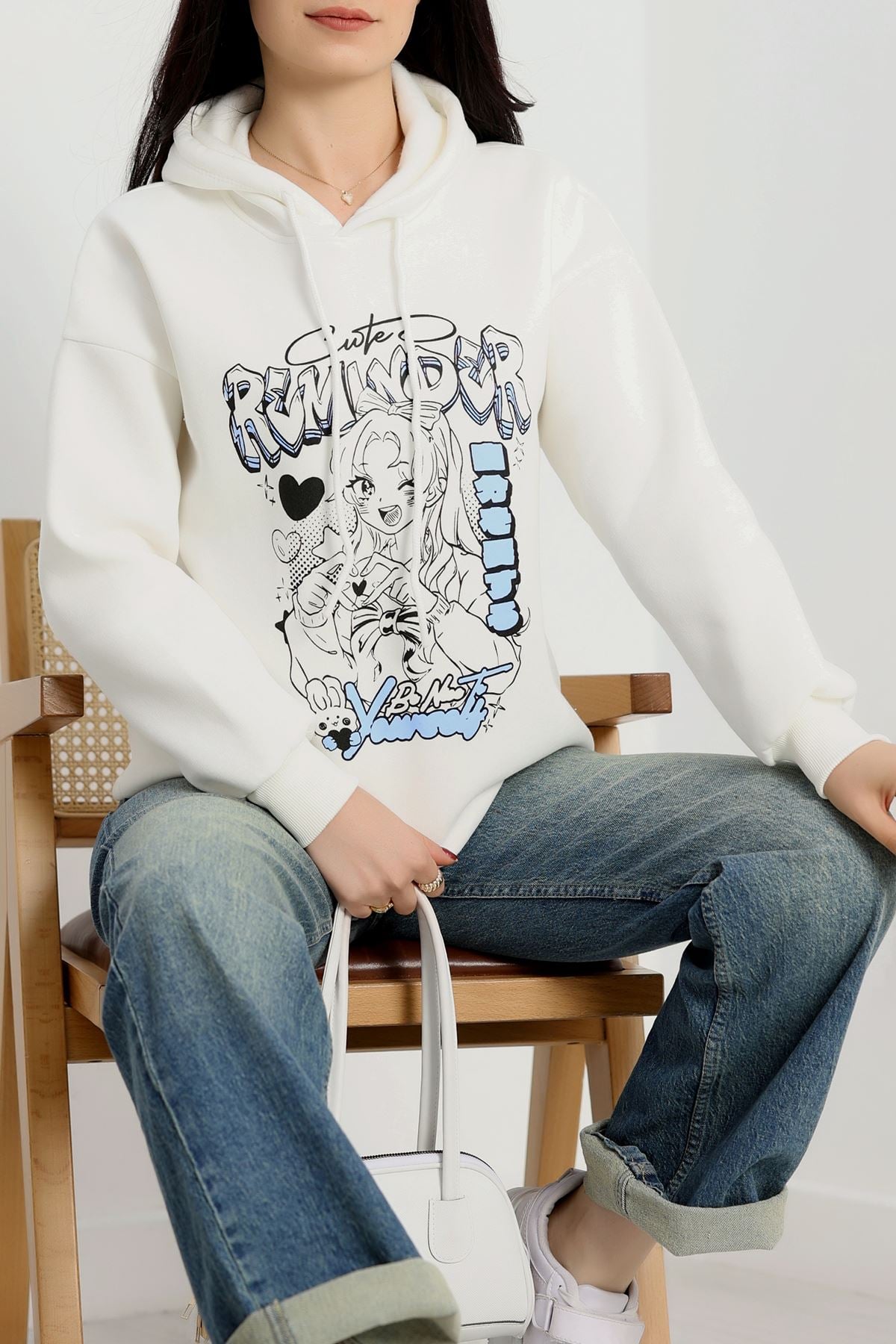 3 İplik Kapşonlu Baskılı Sweat