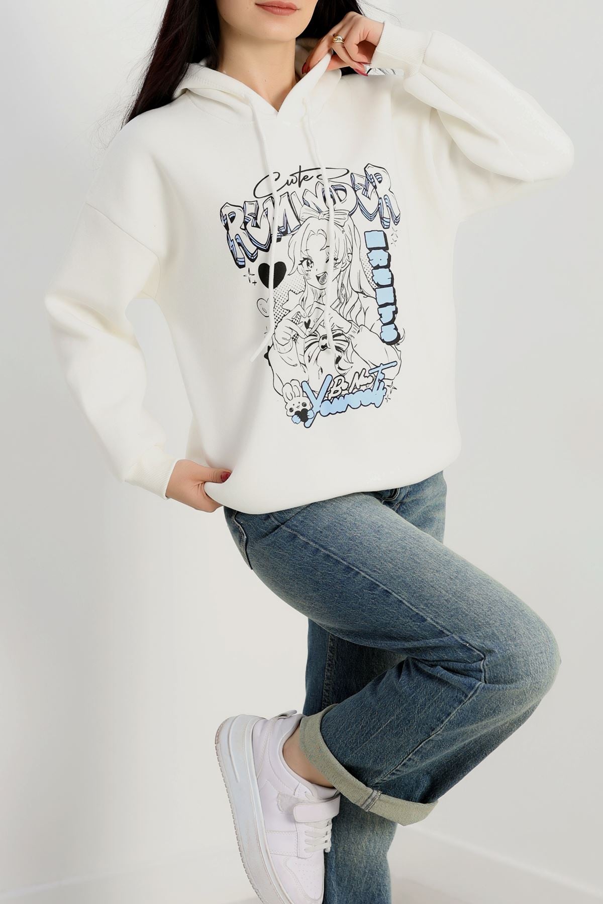 3 İplik Kapşonlu Baskılı Sweat