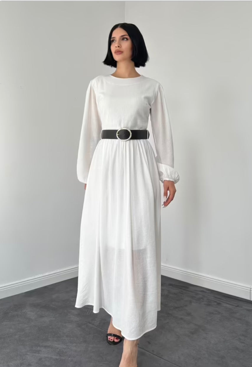 Beyaz Zarif A Kesim Elbise Balon Kol Detaylı