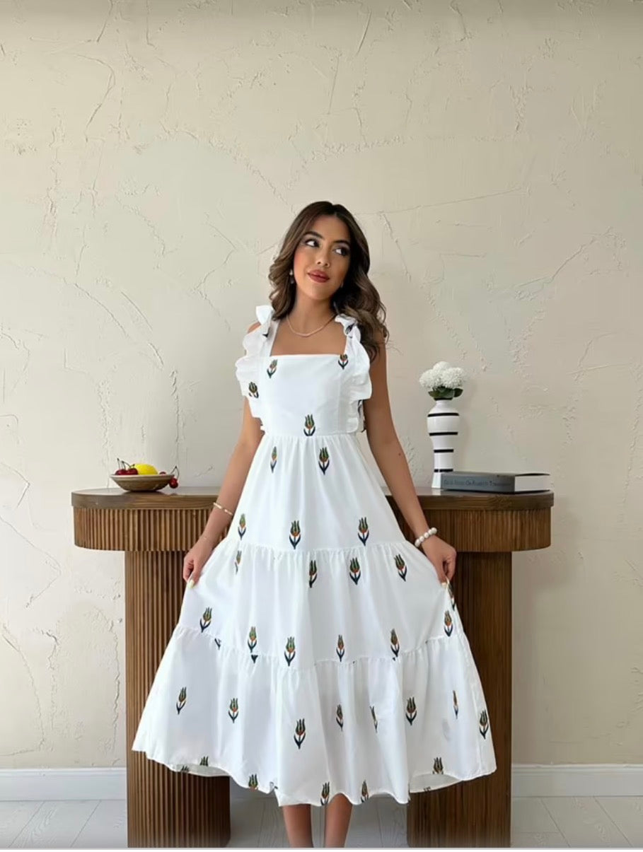 Beyaz Boho A Kesim Fırfırlı Kol Elbise