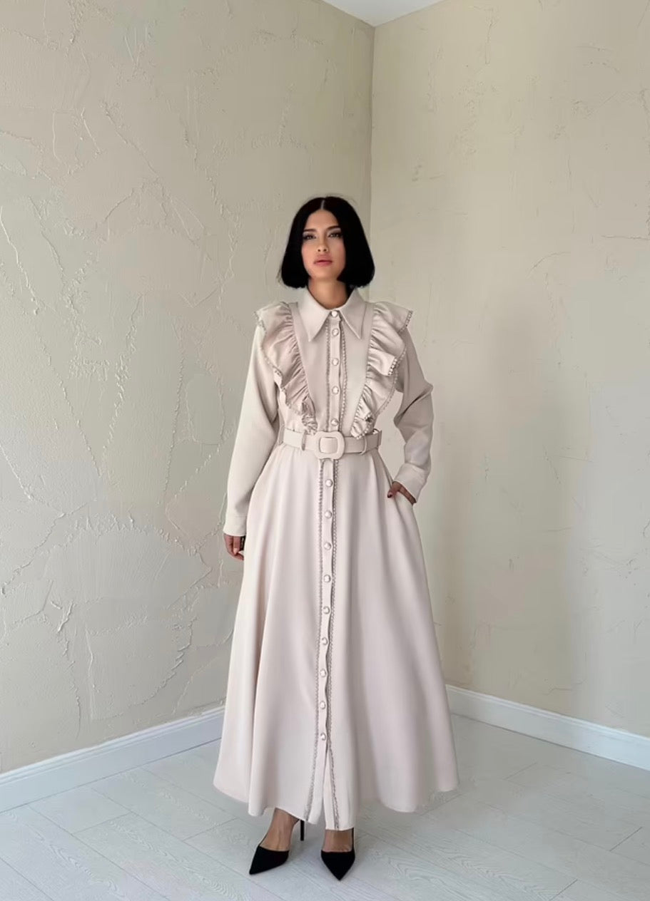 Bej Zarif Resmi Nostaljik Gömlek Elbise