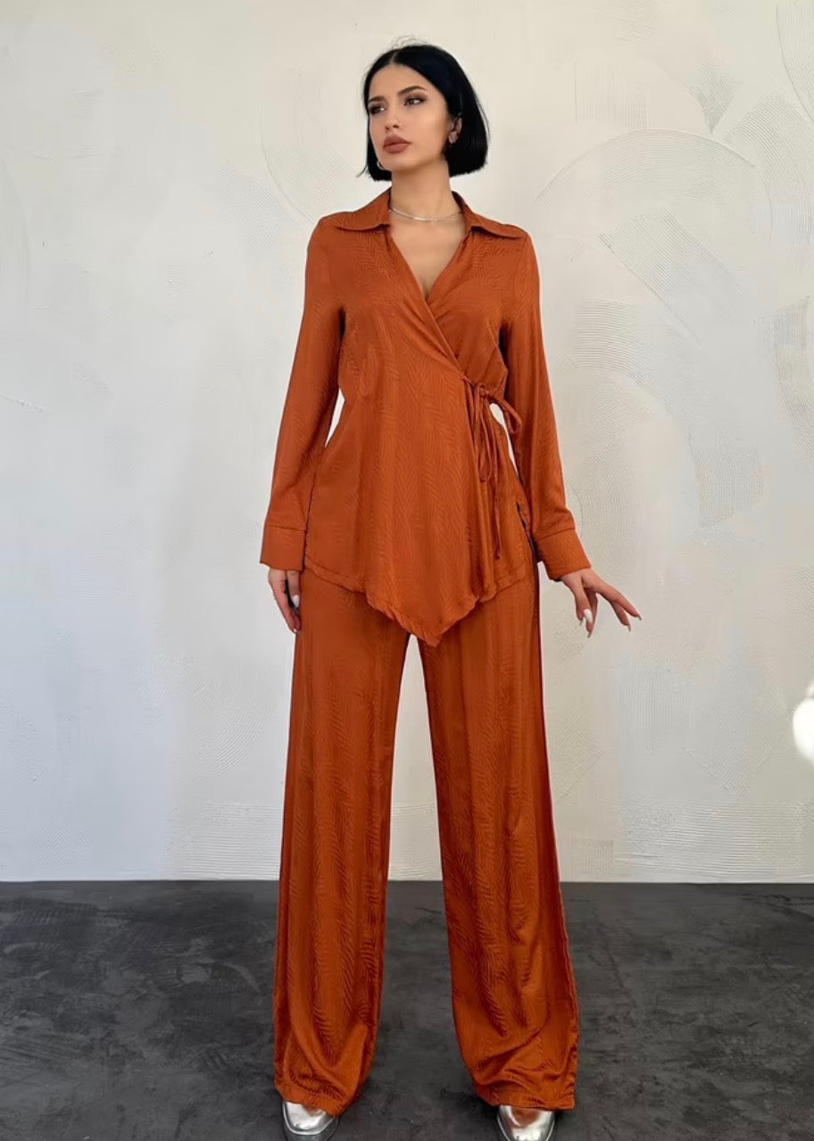 Zarif Turuncu Set Balıksırtı Palazzo Pantolonlu