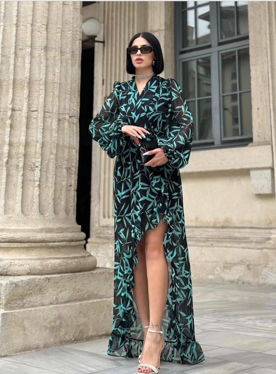 Çiçek Desenli Siyah Zarif Wrap Maksi Elbise