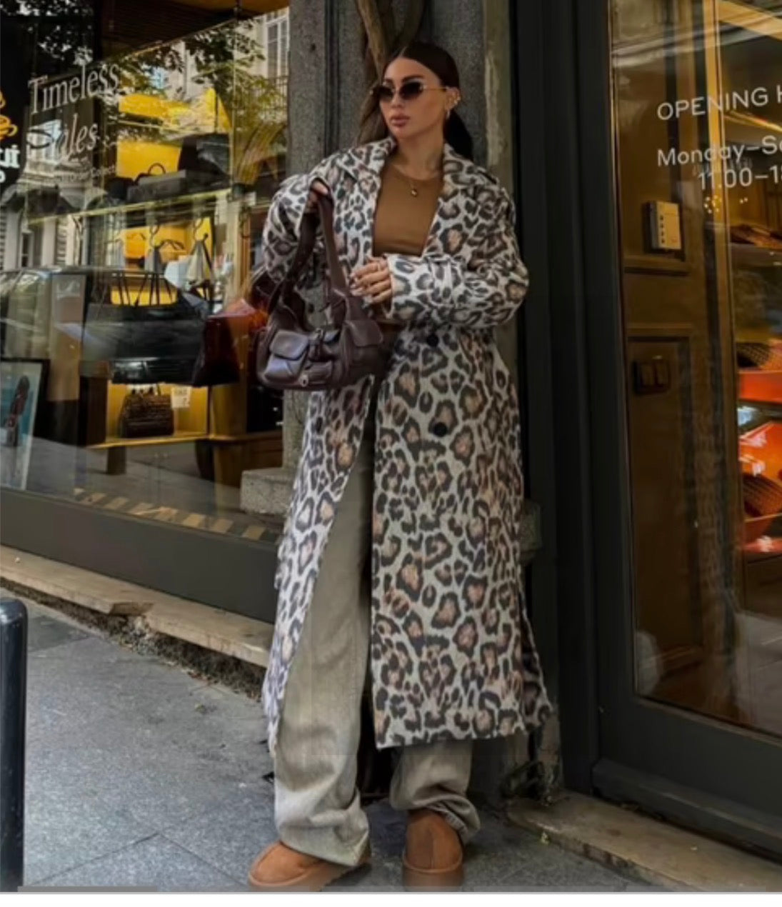 Beige Retro Elegant Single-Breasted Animal Print Coat