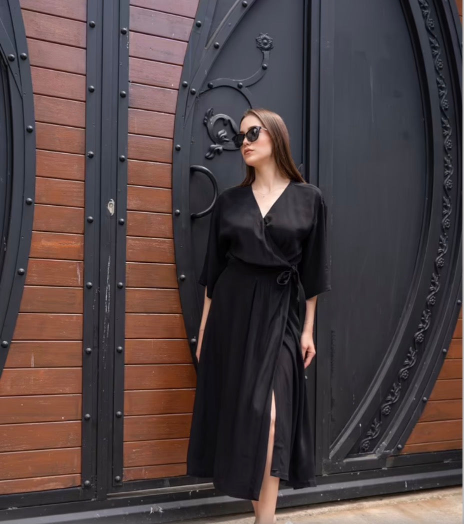 Elegant Black Wrap Midi Dress With V-Neck & 3/4 Sleeves
