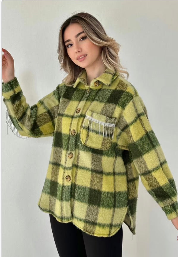 Yeşil Oversize Kareli Polo Yaka Gömlek