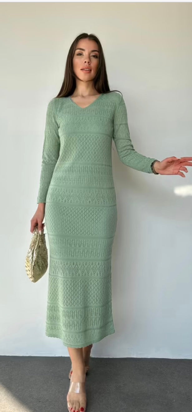 Yeşil Zarif Tesettür Gündelik Resmi Bodycon Elbise Uzun Düz Kol V Yaka Ve Midi Boy